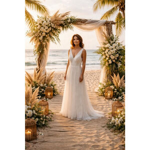 HONGFUYU White V-Neck Wedding Dress Size S